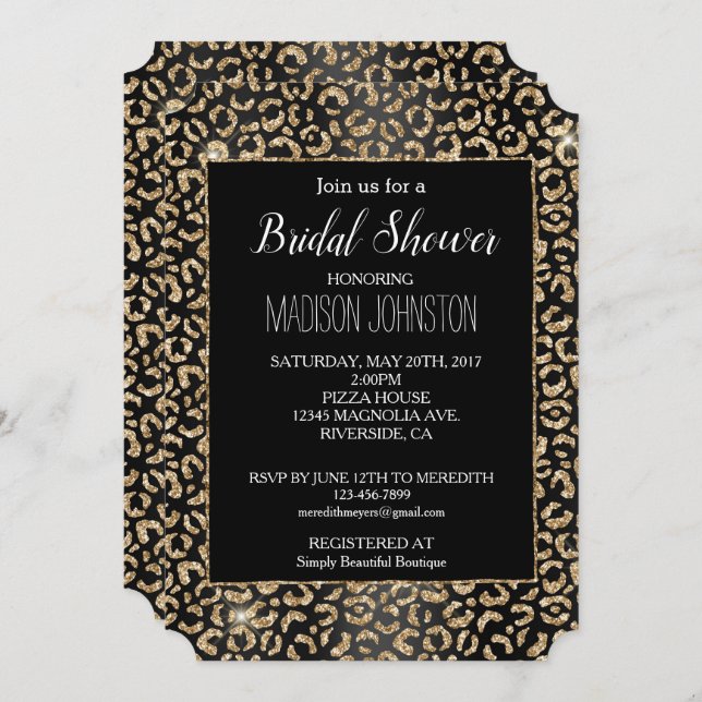 Glam Black Gold Glitter Leopard Invitation (Front/Back)