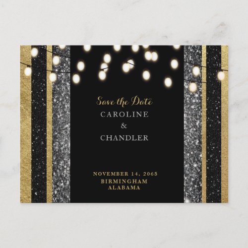 Glam Black  Gold Glitter Lights Save the Date Ann Announcement Postcard