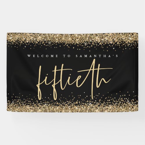 Glam Black Gold Glitter Name Welcome Fiftieth Banner