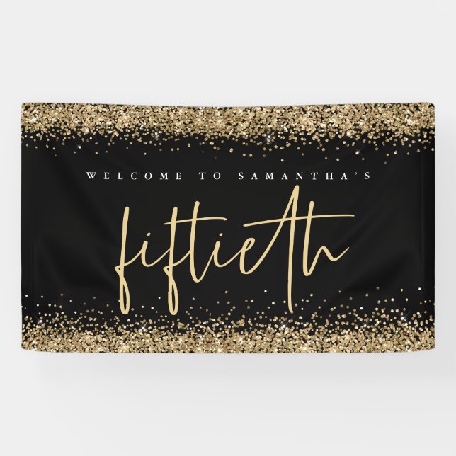 Glam Black Gold Glitter Name Welcome Fiftieth Banner (Horizontal)