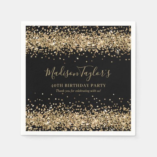 Glam Black Gold Glitter Sparkle Confetti Birthday Napkins