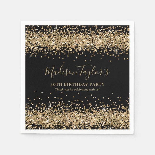 Glam Black Gold Glitter Sparkle Confetti Birthday Napkins (Front)