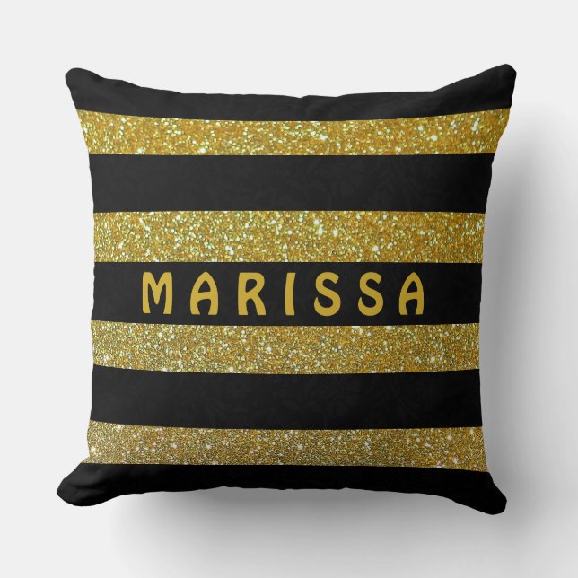 Glam Black & Gold Glitter Sparkles Monogram Name  Throw Pillow (Front)