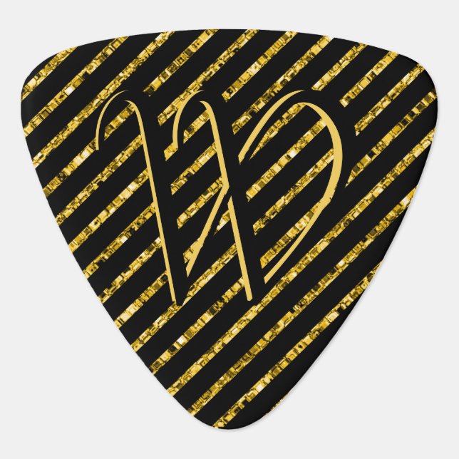 Glam Black Gold Glitter Stripe Monogrammed Custom Guitar Pick (Front)