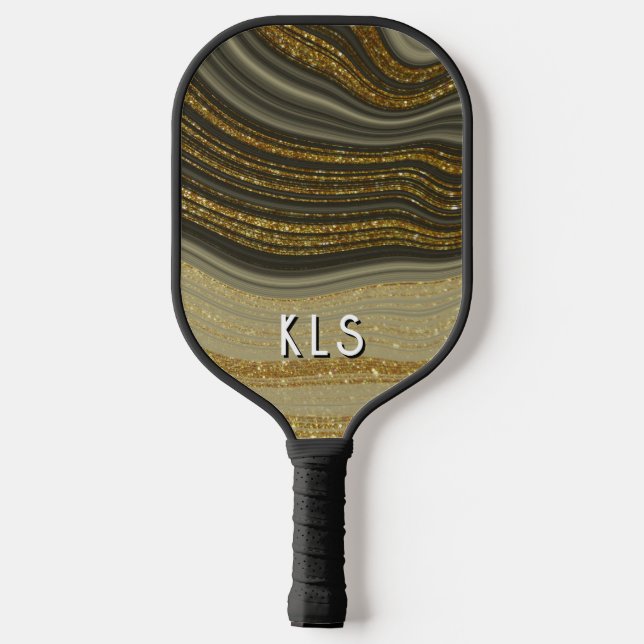 Glam Black & Gold Glitter Swirl Monogram Pickleball Paddle (Back)
