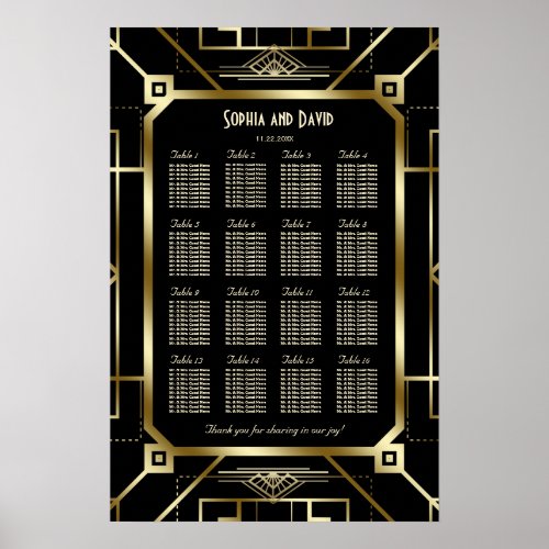 Glam Black Gold Great Gatsby 20s Seating Chart