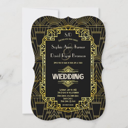 Glam Black  Gold Great Gatsby Art Deco Wedding Invitation