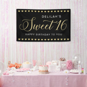 Glam Black Gold Heart Sweet 16 Birthday Banner