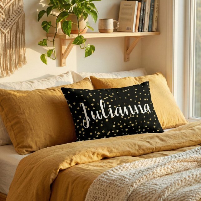Glam Black Gold Holiday Dot Pattern Personalized Accent Pillow (Creator Uploaded)