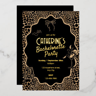 Glam Black & Gold Leopard Print Bachelorette Party Foil Invitation