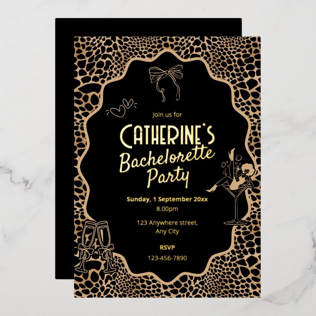 Glam Black & Gold Leopard Print Bachelorette Party Foil Invitation (Front/Back)