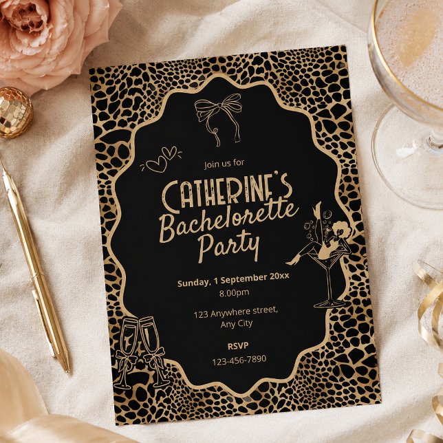 Glam Black & Gold Leopard Print Bachelorette Party Invitation (Glam Black & Gold Leopard Print Bachelorette Party Invitation)
