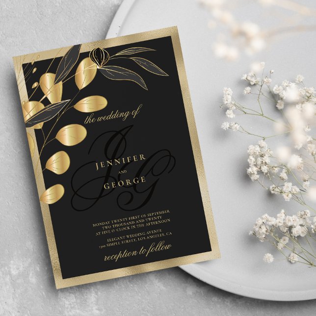 Glam black gold monogram initials floral wedding invitation (Glam black gold monogram initials floral wedding)