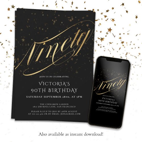 Glam Black Gold Ninety 90th Birthday Invitation