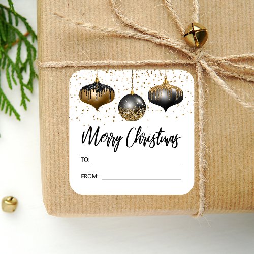 Glam Black Gold Ornaments Merry Christmas To From Square Sticker