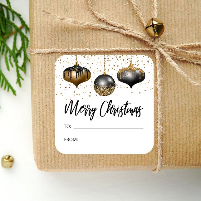 Glam Black Gold Ornaments Merry Christmas To From Square Sticker (Creator Uploaded)