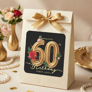 Glam Black Gold Red Rose Floral 60th Birthday Square Sticker