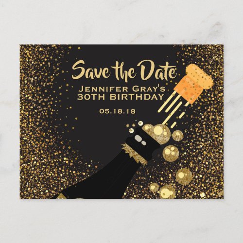 Glam Black Gold Save the Date Champagne Birthday Announcement Postcard