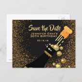 Glam Black Gold Save the Date Champagne Birthday Announcement Postcard (Front/Back)