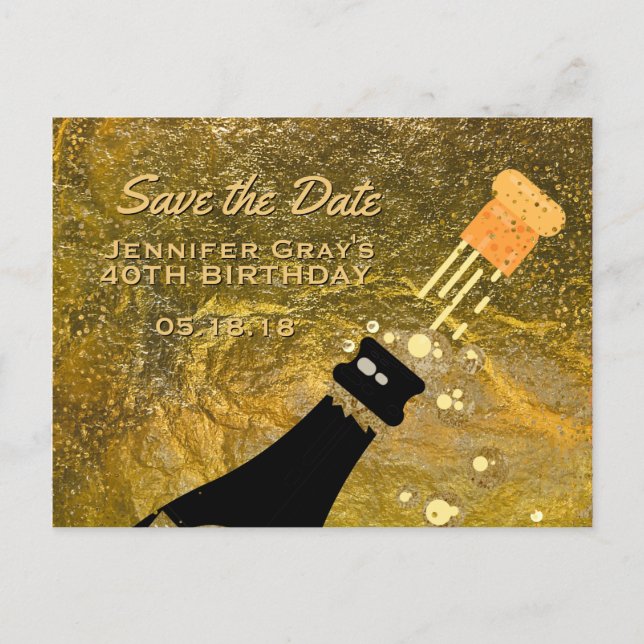 Glam Black Gold Save the Date Champagne Birthday Announcement Postcard (Front)
