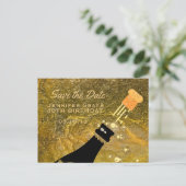 Glam Black Gold Save the Date Champagne Birthday Announcement Postcard (Standing Front)