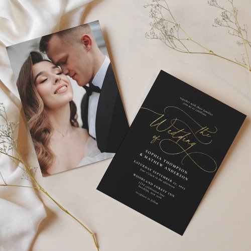 Glam Black Gold Script Calligraphy Photo Wedding Invitation