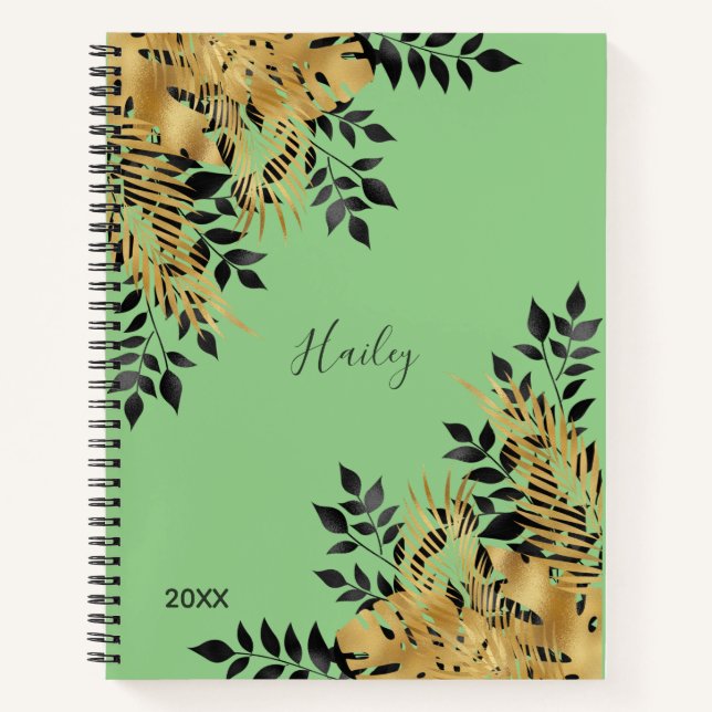 Glam Black & Gold Tropical Leaves Bullet Journal (Front)