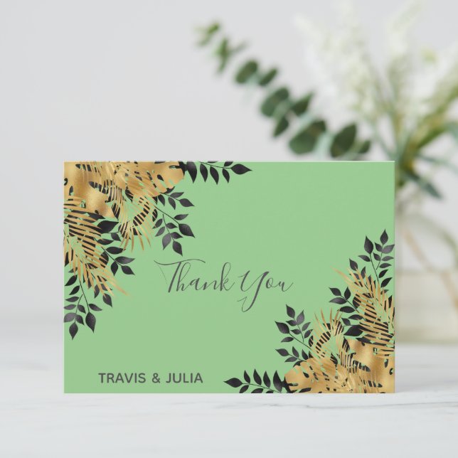 Glam Black & Gold Tropical Leaves Thank You Card (Standing Front)