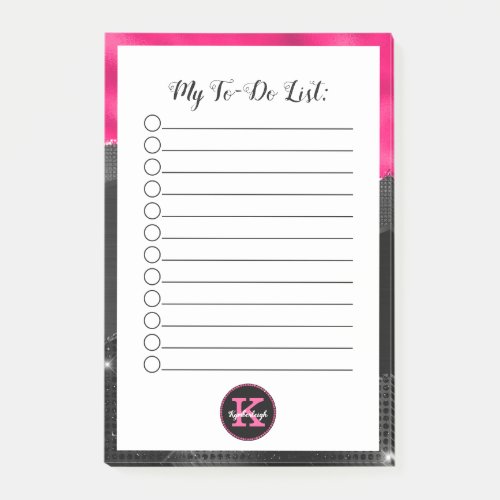Glam Black Gray Hot Pink Waves Monogram To_Do List Post_it Notes