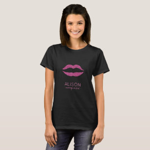 Glam black hot pink glitter big lips makeup artist T-Shirt