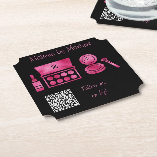 Glam Black & Hot Pink Makeup Artist QR Code Paper Coaster (Angled)
