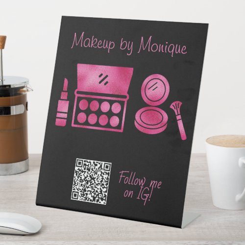 Glam Black  Hot Pink Makeup Artist QR Code Pedestal Sign