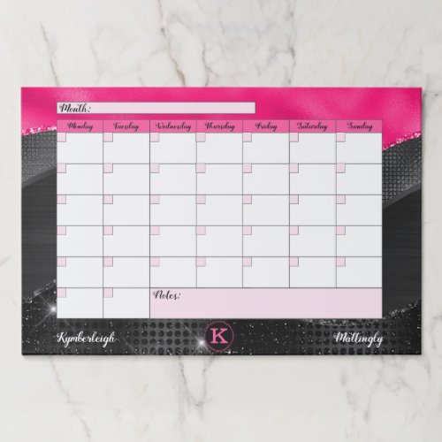 Glam Black Hot Pink Waves Monogram Desk Calendar Paper Pad