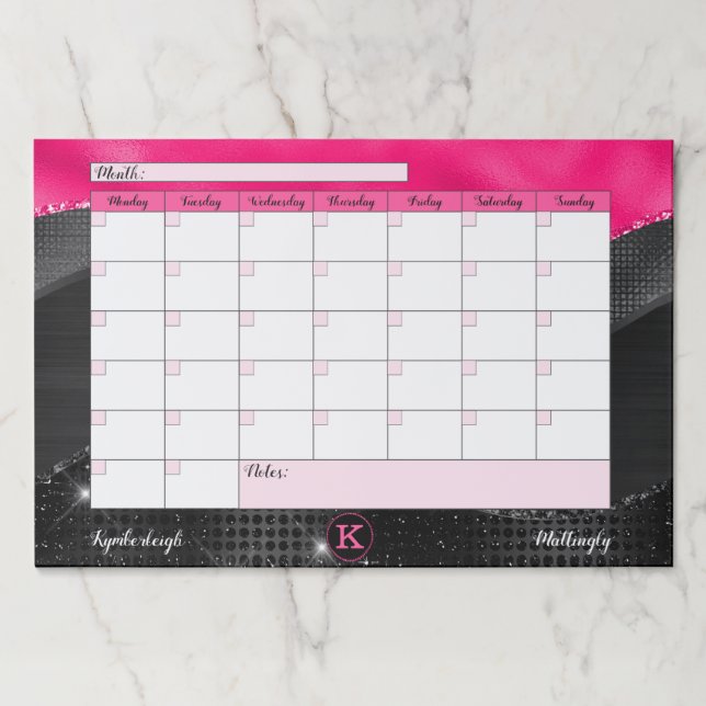 Glam Black Hot Pink Waves Monogram Desk Calendar Paper Pad (Front)