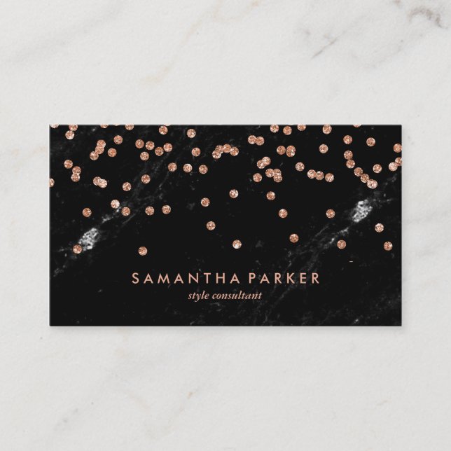 Glam Black Marble Look and Faux Rose Gold Confetti Business Card (Front)