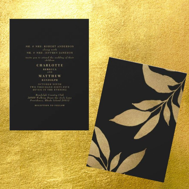 Glam Black Metallic Gold Foliage Wedding Invitation (Creator Uploaded)