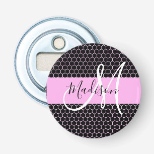 Glam Black Metallic Pink Honeycomb Monogram Name Bottle Opener