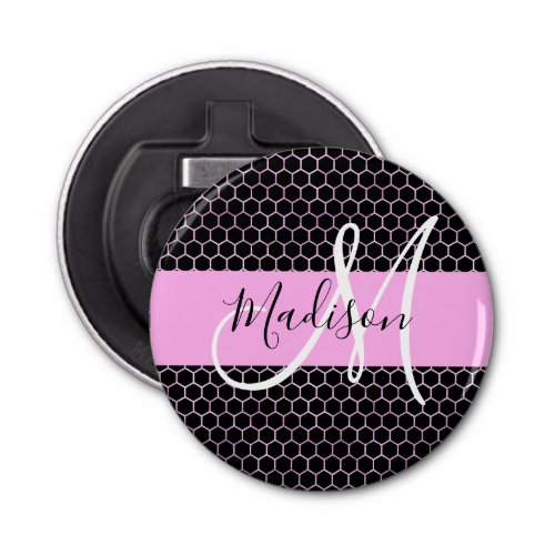 Glam Black Metallic Pink Honeycomb Monogram Name Bottle Opener