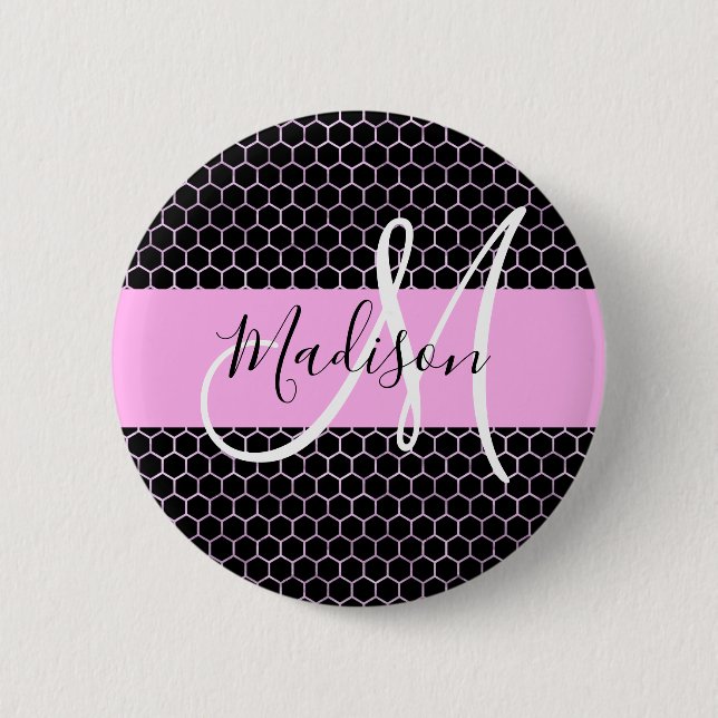 Glam Black Metallic Pink Honeycomb Monogram Name Button (Front)