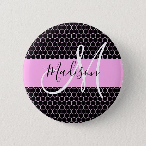 Glam Black Metallic Pink Honeycomb Monogram Name Button