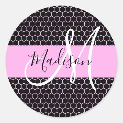Glam Black Metallic Pink Honeycomb Monogram Name Classic Round Sticker