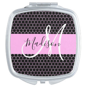 Glam Black Metallic Pink Honeycomb Monogram Name Compact Mirror