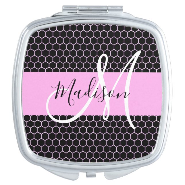 Glam Black Metallic Pink Honeycomb Monogram Name Compact Mirror (Front)