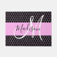 Glam Black Metallic Pink Honeycomb Monogram Name Doormat