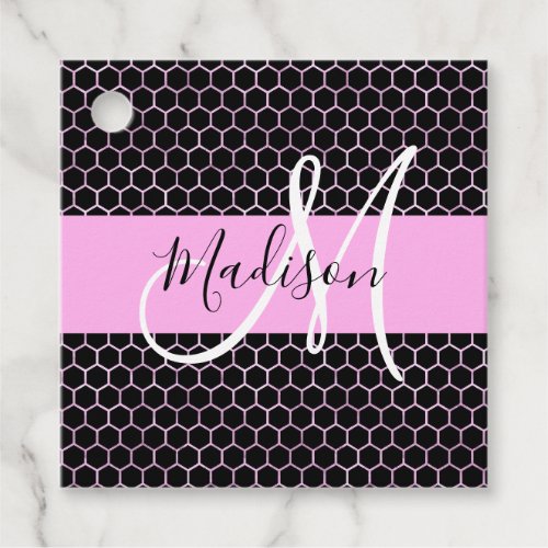 Glam Black Metallic Pink Honeycomb Monogram Name Favor Tags