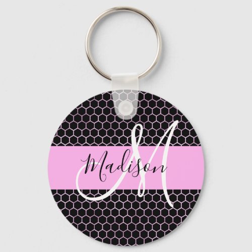 Glam Black Metallic Pink Honeycomb Monogram Name Keychain