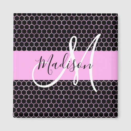 Glam Black Metallic Pink Honeycomb Monogram Name Magnet