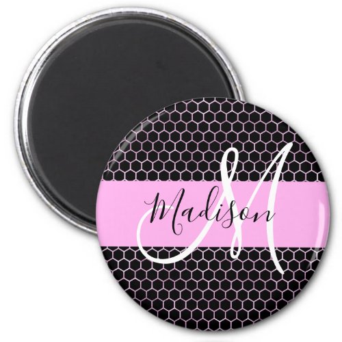 Glam Black Metallic Pink Honeycomb Monogram Name Magnet