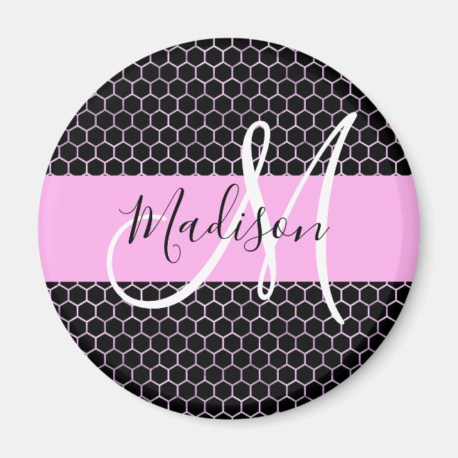 Glam Black Metallic Pink Honeycomb Monogram Name Magnet (Front)