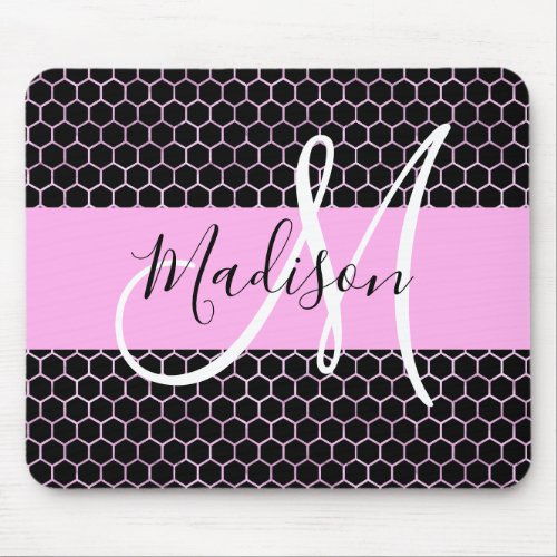 Glam Black Metallic Pink Honeycomb Monogram Name Mouse Pad